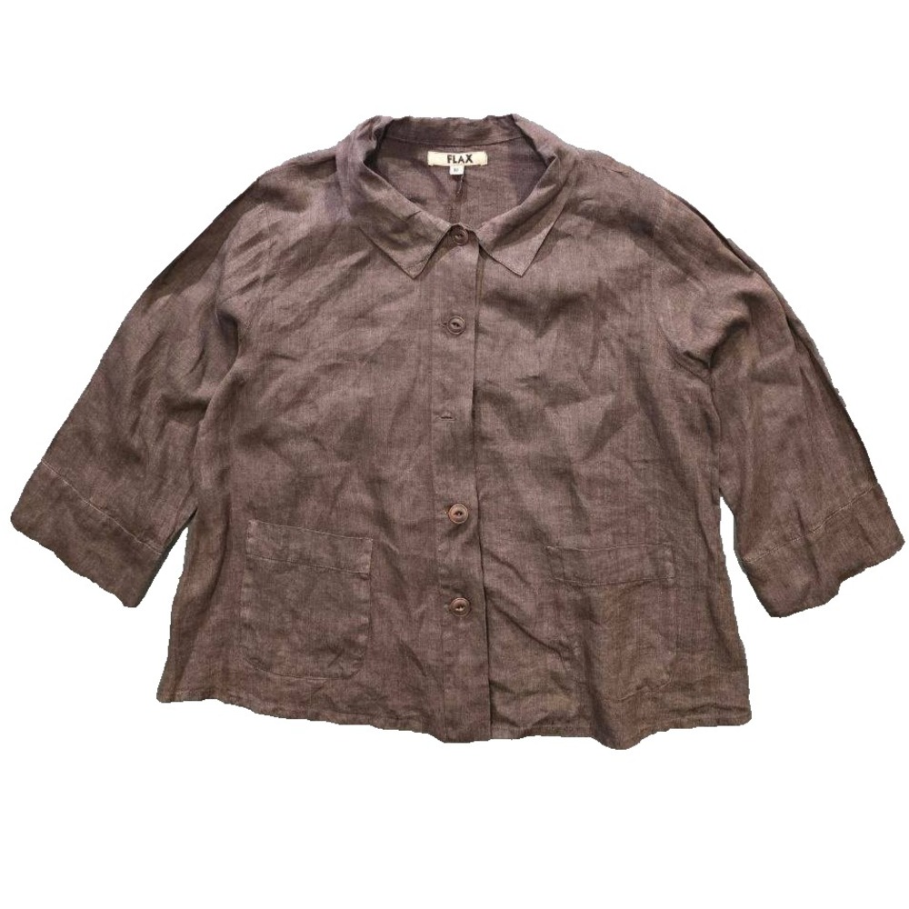 FLAX Linen Shirt Short Sleeve Minimalist Button Up Lithuania Medium A011458